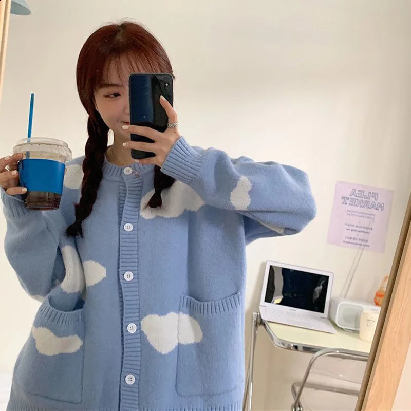 Sweet Clouds Sweater Coat Women Preppy Style Button Long Sleeve Knitted Cardigans Woman Autumn Winter O-Neck Loose Cardigan 240812