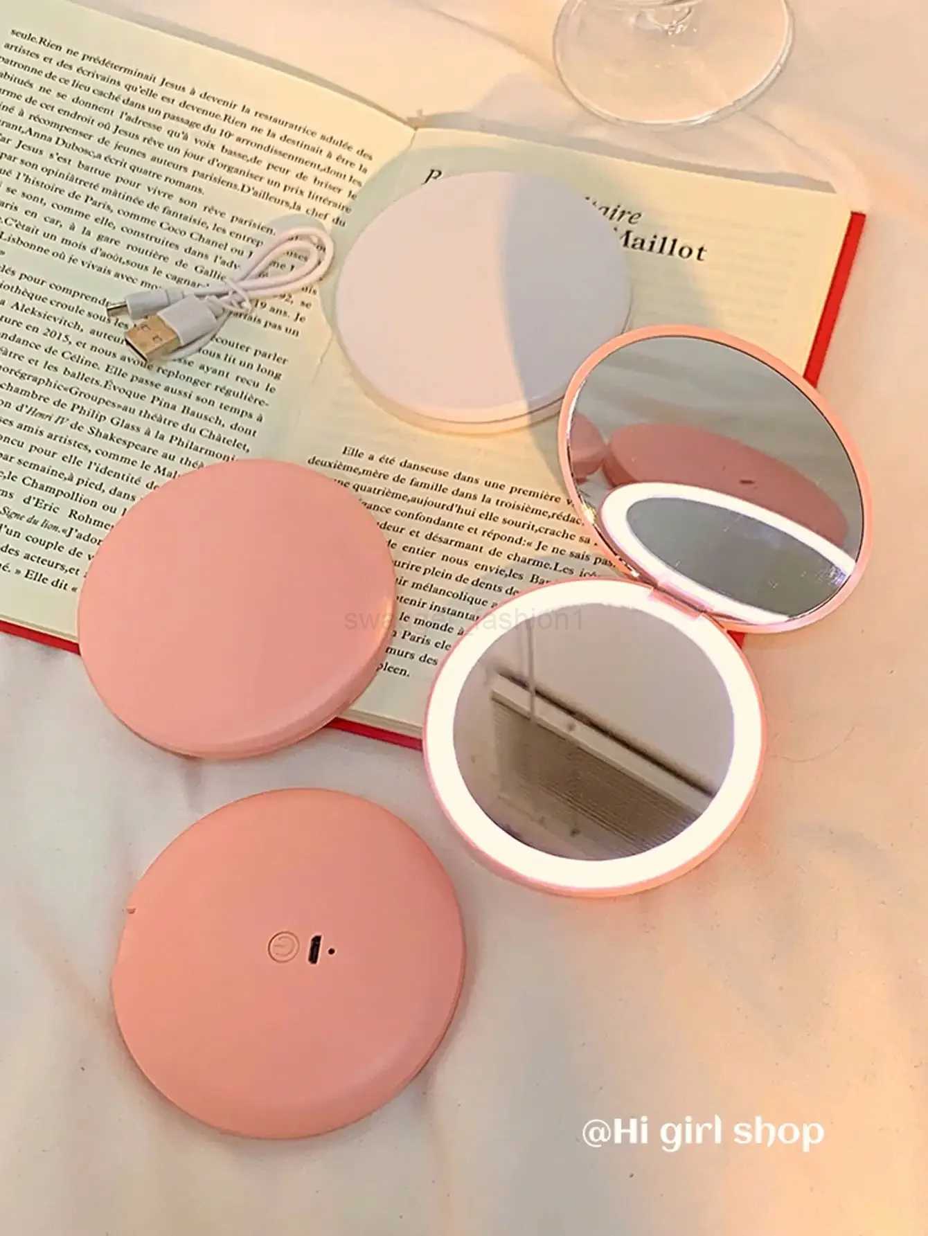 LED Foldable Makeup Mirror Women Mini Mirror Small Pocket Mirror Pink And White Luminous EffectXJ240813