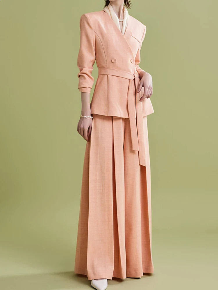Elegant womens Vneck lace suit gathered waist pioneers high loose pants autumn item 26D9378 240812