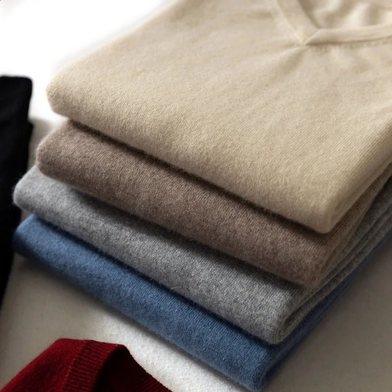 Wool Cashmere Sweater Mens V-neck Knitted Pullover Autumn Winter Sweater Casual Classic Warm Bottoming Shirt Jumpers Plus Size 240812