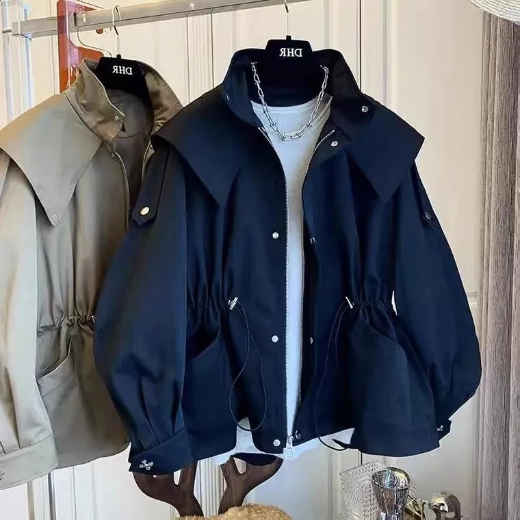 Spring Autumn Oversized Casual Waterproof Khaki Windbreaker Women Long Sleeve Hood Drawstring Zipper Jacket 240812