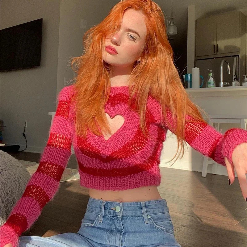 Heart Hollow Out Pullovers Women Striped Y2k Clothes Cropped Sweaters Harajuku Panelled Long Sleeve Spring Sexy Kawaii Mujer Fit 240812