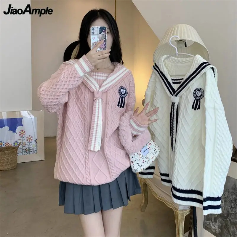 Women Autumn Winter Preppy Style Sweater Pullovers Arrival Korean Sailor Collar Long Knitted Tops Sweet Pink Knitwear 240812