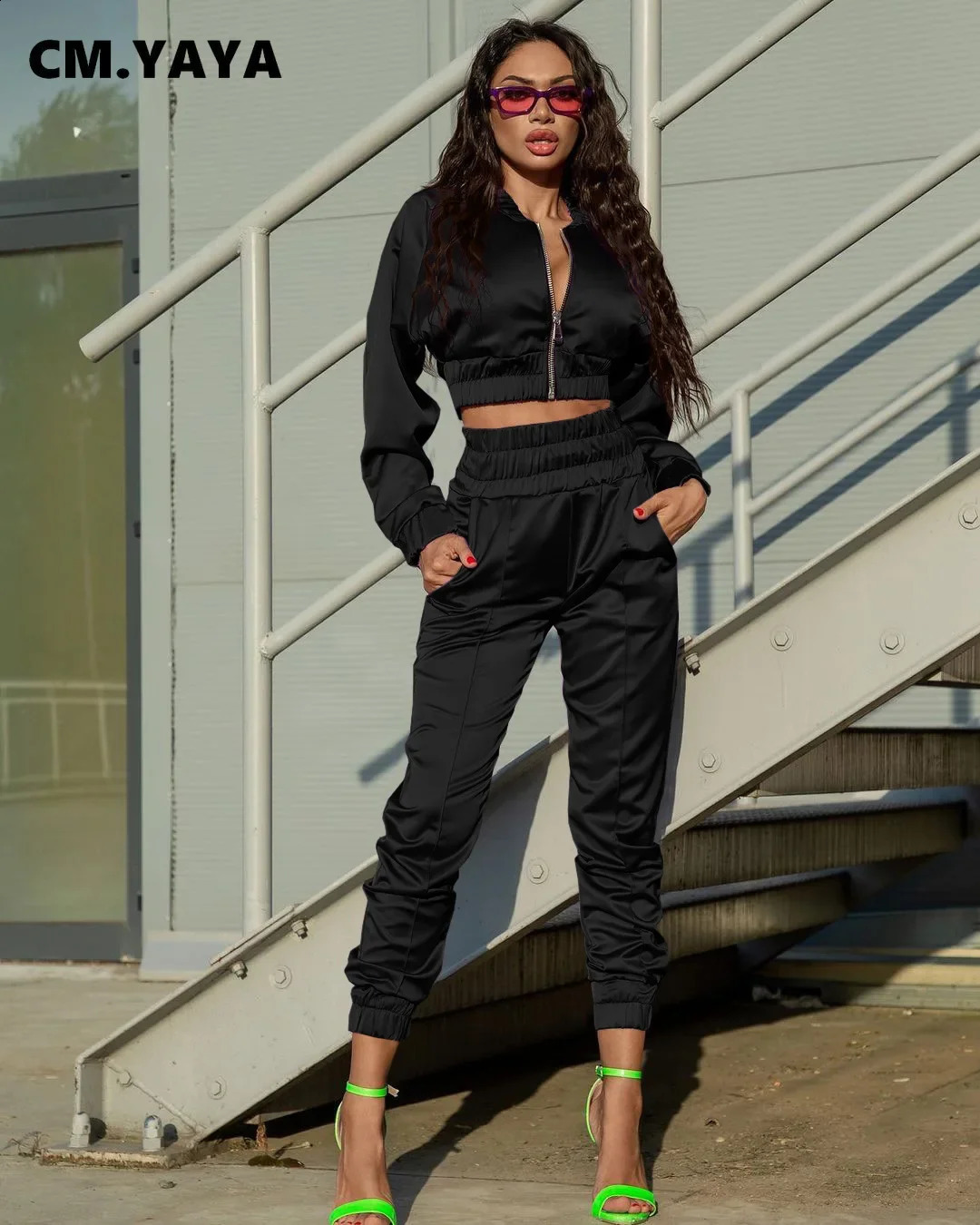CM.YAYA Sport Bright Solid Womens Set Track Jacket and Pants Suit Active Sweatsuit Tracksuit Two Piece Set Fitness Outfits 240813
