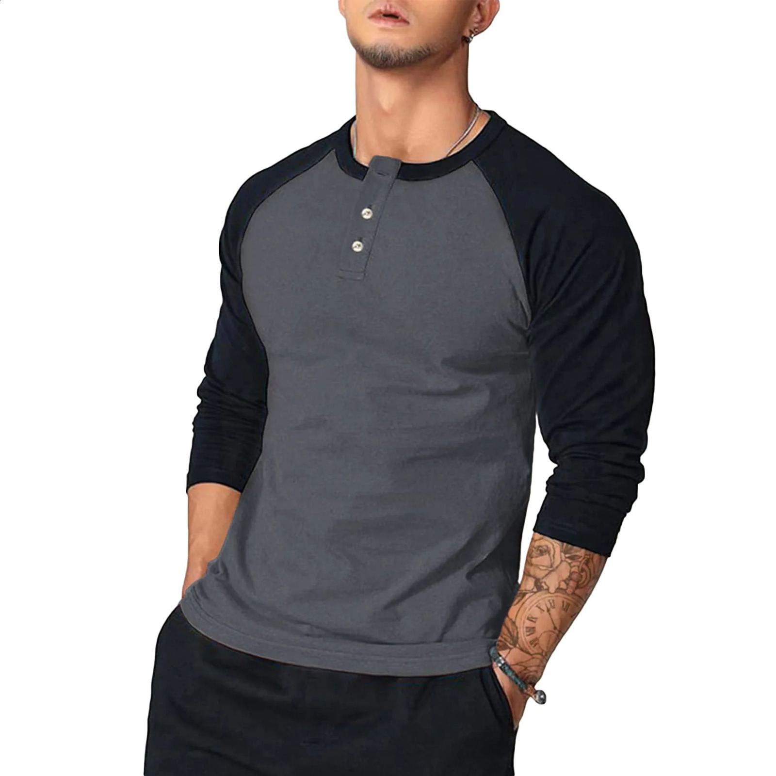 Mens button O-neck long sleeved T-shirt summer mens patch work T-shirt top LXDZ-LCC-CX5 240826