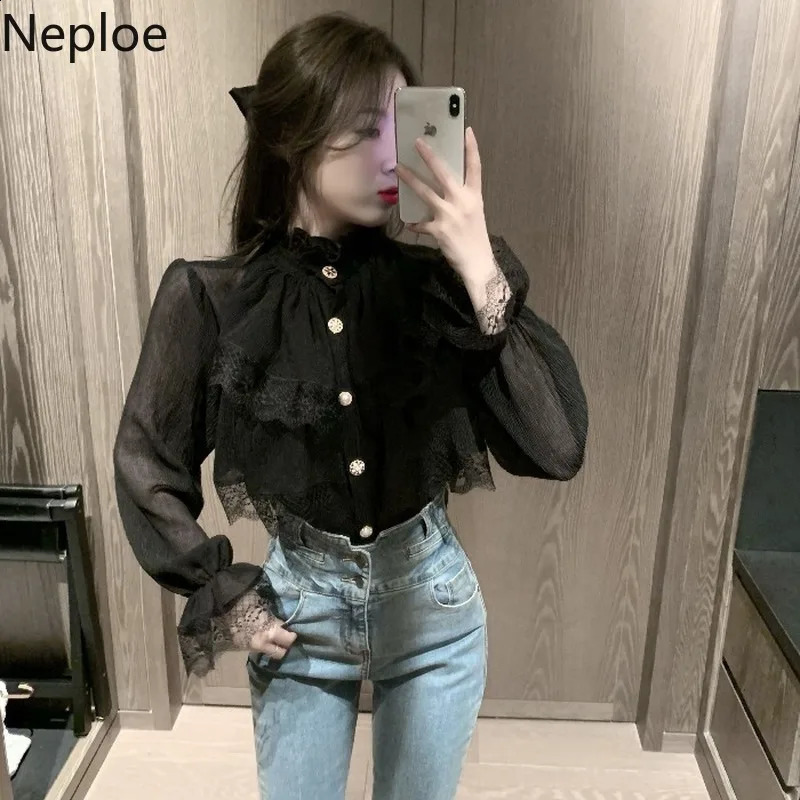 Fashion Korean White Blouse Women Blusas Stand Neck Chiffon Shirts Long Sleeve Ruffles Lace Blouses Vintage Elegant Femme Tops 240812