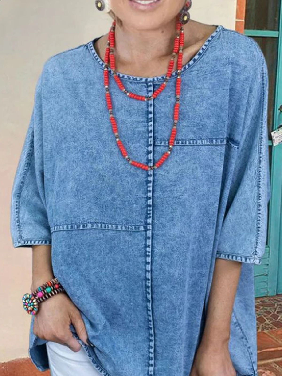 Womens Plus Size Denim Shirts Spring Fashion Half Sleeve Spliced Elegant Shirt Blouse Woven Cotton Shirt Chemise Blusas Tops 240812