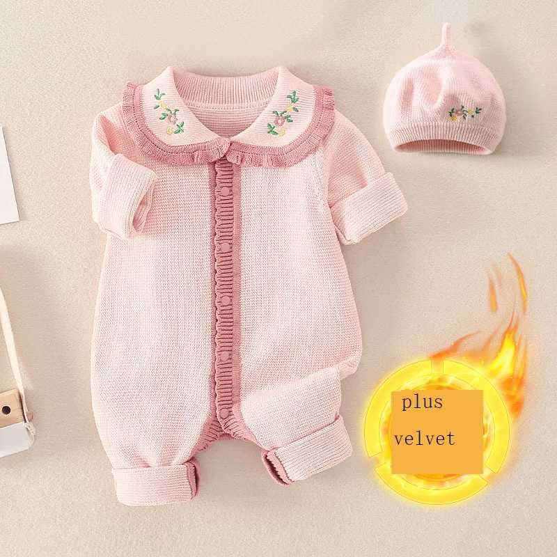 2024 Autumn Winter Newborn Girls Knitted Hoodie Cotton Long Sleeve Embroidered Collar Baby Girls Onesie Baby Girls Tight Clothes W240812