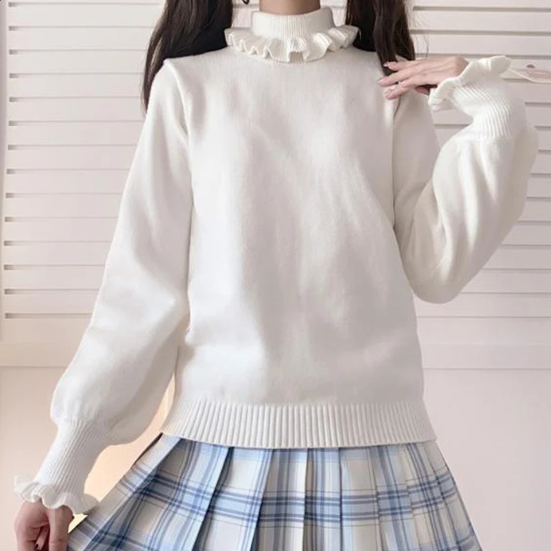 Lolita Sweater Top White Knitted Sweater Women Fashion White Round Neck Base Tops Pullover Kawaii Lovely Preppy Style Streetwear 240812