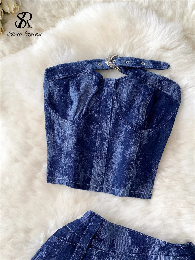 SINGREINY High Street Denin Two Pieces Sets Strapless Backless Mini TopsShort Zipper Pleated Skirt Women Sexy Y2k Senior Suits 240812