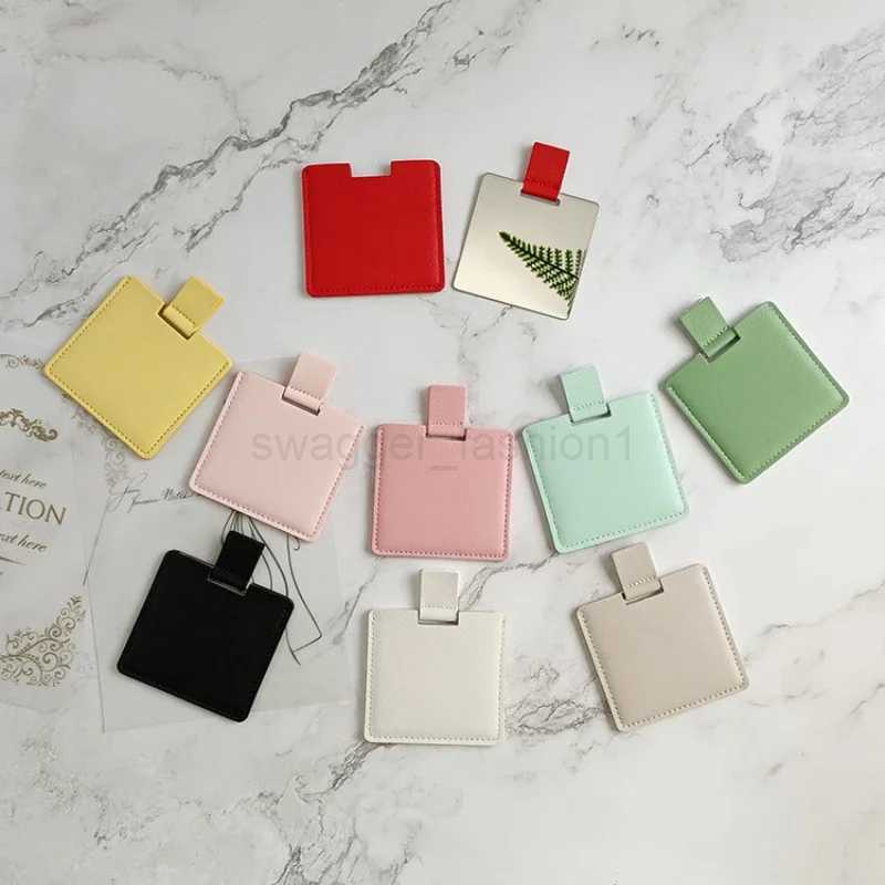 Stainless Steel Makeup Mirror with Leather Sheath Portable Square Pocket Mirror Handle Unbreakable Compact Vanity MirrorXJ240813