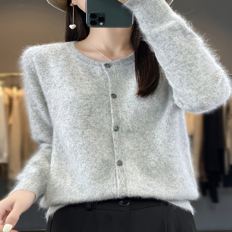 Aliselect womens cardigan wool sweater super warm pure mink cashmere Oneck loose fitting clothing solid color knitted top 240812