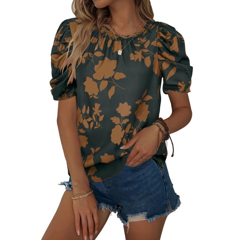 Summer new printed round neck shirt with elegant temperament, women s top