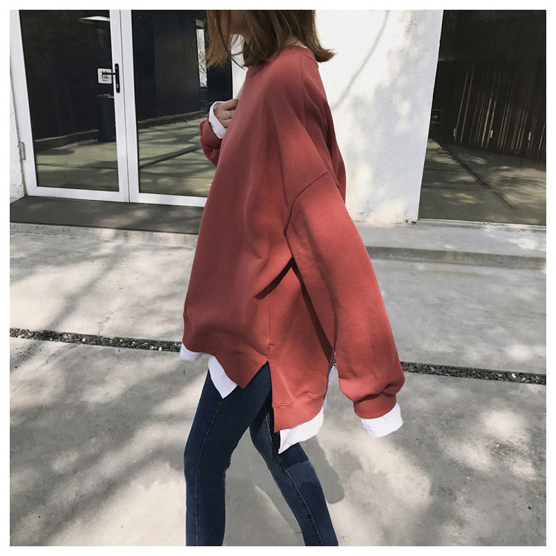 Fake two fleece hoodies for women new autumn and winter Korean version loose student BF Harajuku Hong Kong style top trend 0389e