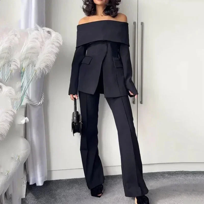 Womens solid neck shoulder jacket high waisted casual pants set office ladies twopiece womens coat 240812