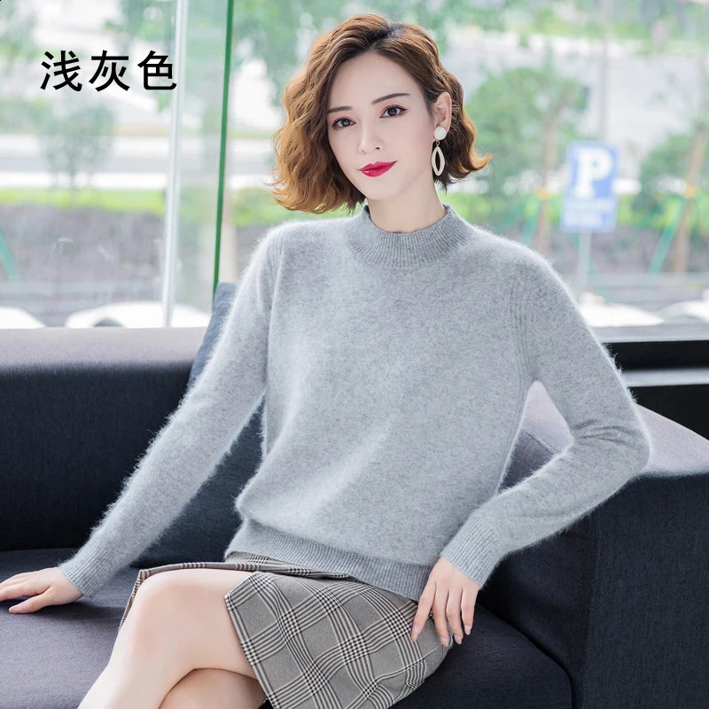 Winter 100%Mink Cashmere Women Half High Neck Fashion Knit Thick Solid Color Sweater Long Sleeve Large Size Base Warm Top 240813