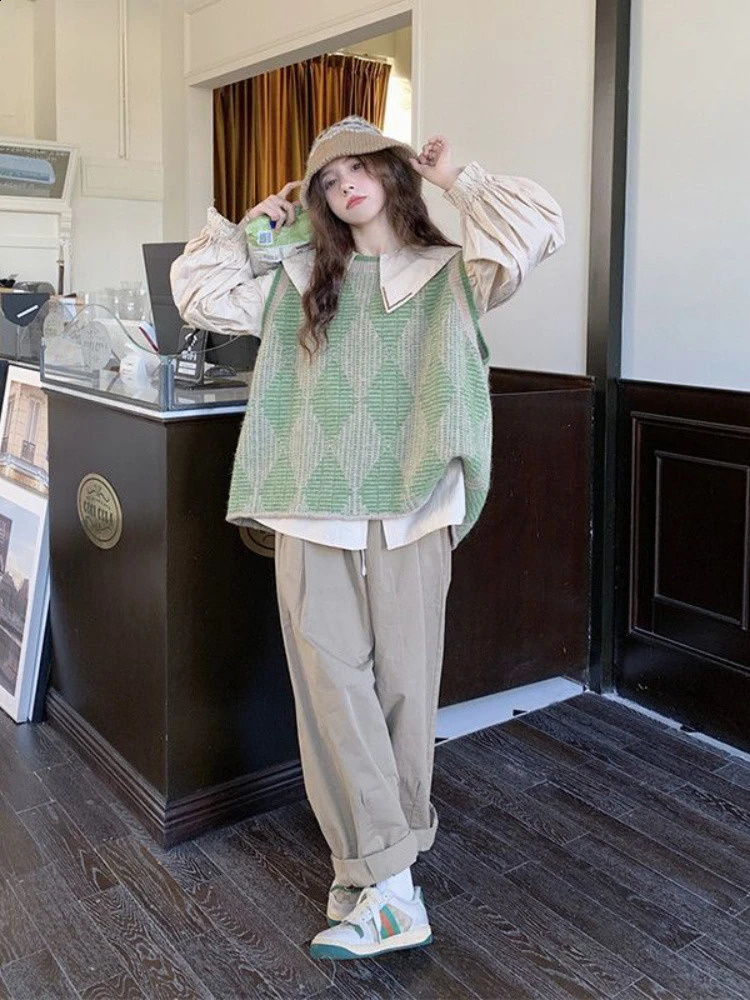Sweater Vests Women Green Preppy Style Cute Autumn Ins Trendy All-match Cozy Basic Argyle Ladies Knitting College Dating 240812