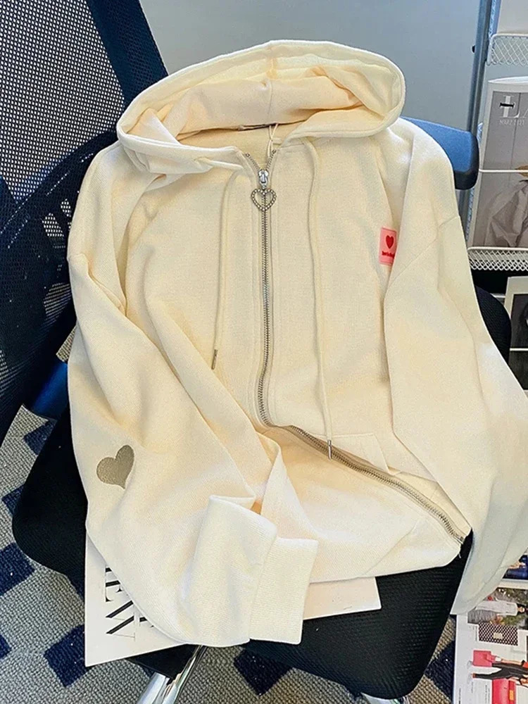 Chic Embroidered Hooded Korean Sweatshirt Womens Cardigan Autumn Thin Coat with Zipper Apricot Streetwear Hoodies Size M-XL 240812
