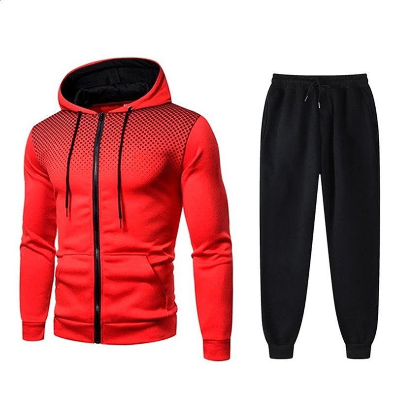 Mens Tracksuit Two-Piece Hoodie Track Pants Jacket Pullover Casual Outdoor Sports Fashion Streetwear Zipper Hooded Set 240813
