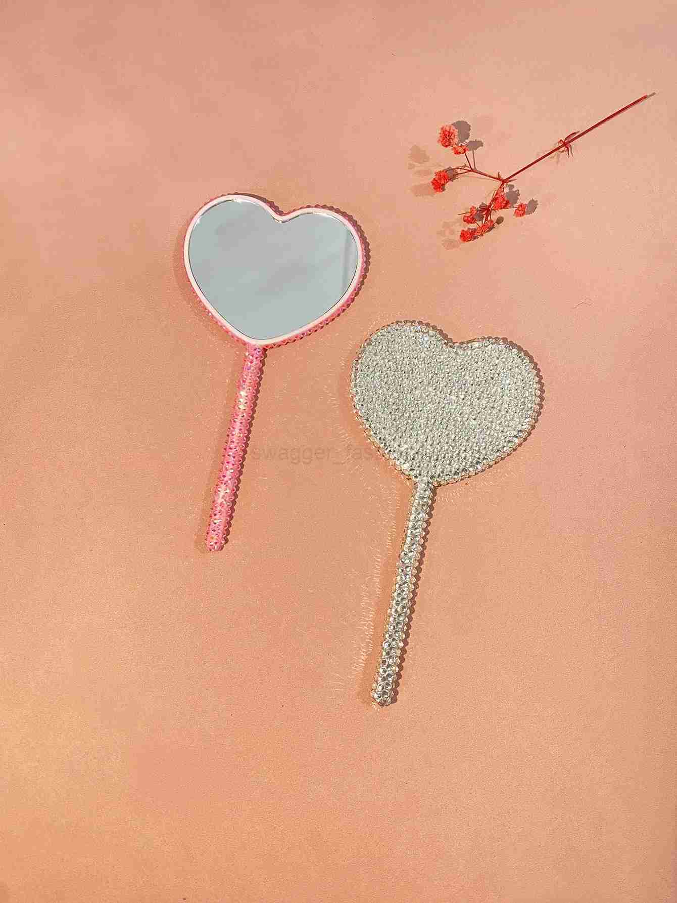 Diamond-encrusted love hand-held cosmetic mirror lollipop mirror heart-shaped handle mirror creative hand-made DIY small mirrorXJ240813