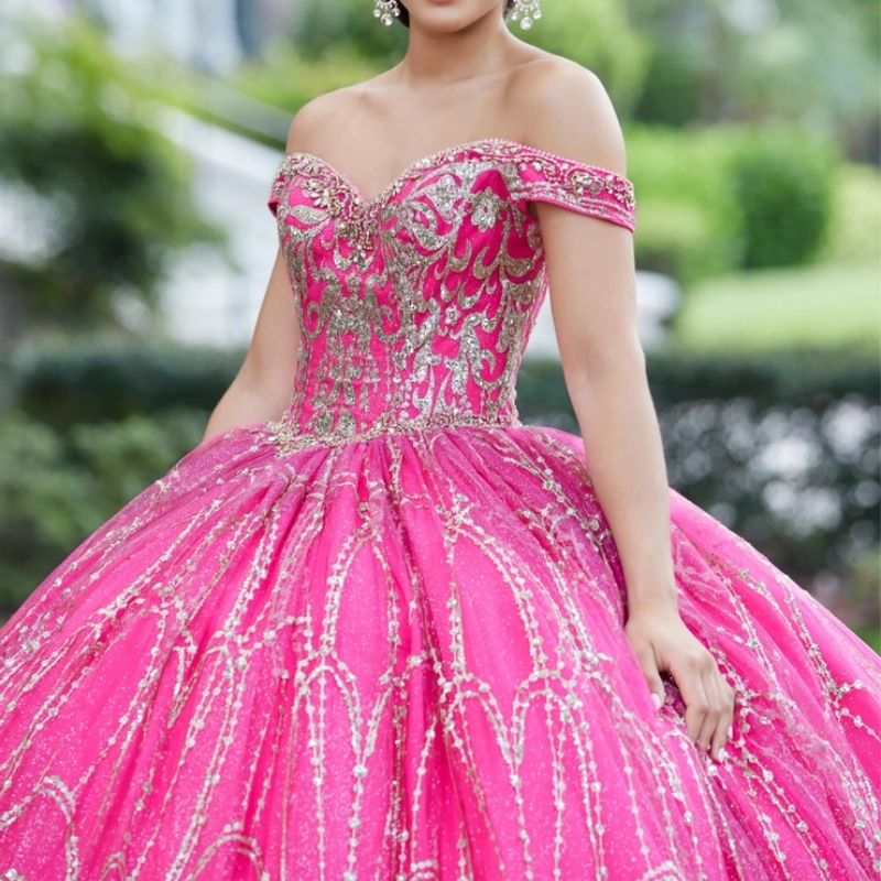 2025 Rose Red Sparkly Quinceanera Dresses Ball Gown Off The Shoulder Crystal Beads Tull Sweet 16 Dress Vestidos De 15 Girls