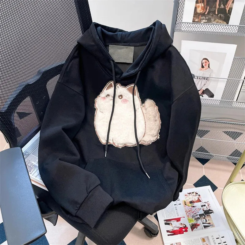 Spring Autumn Female Couples Clothes Cartoon Embroidery Lovely 3D Cat Print Pullover Hoodies Women Sweatshirt Hooded Coat 250106