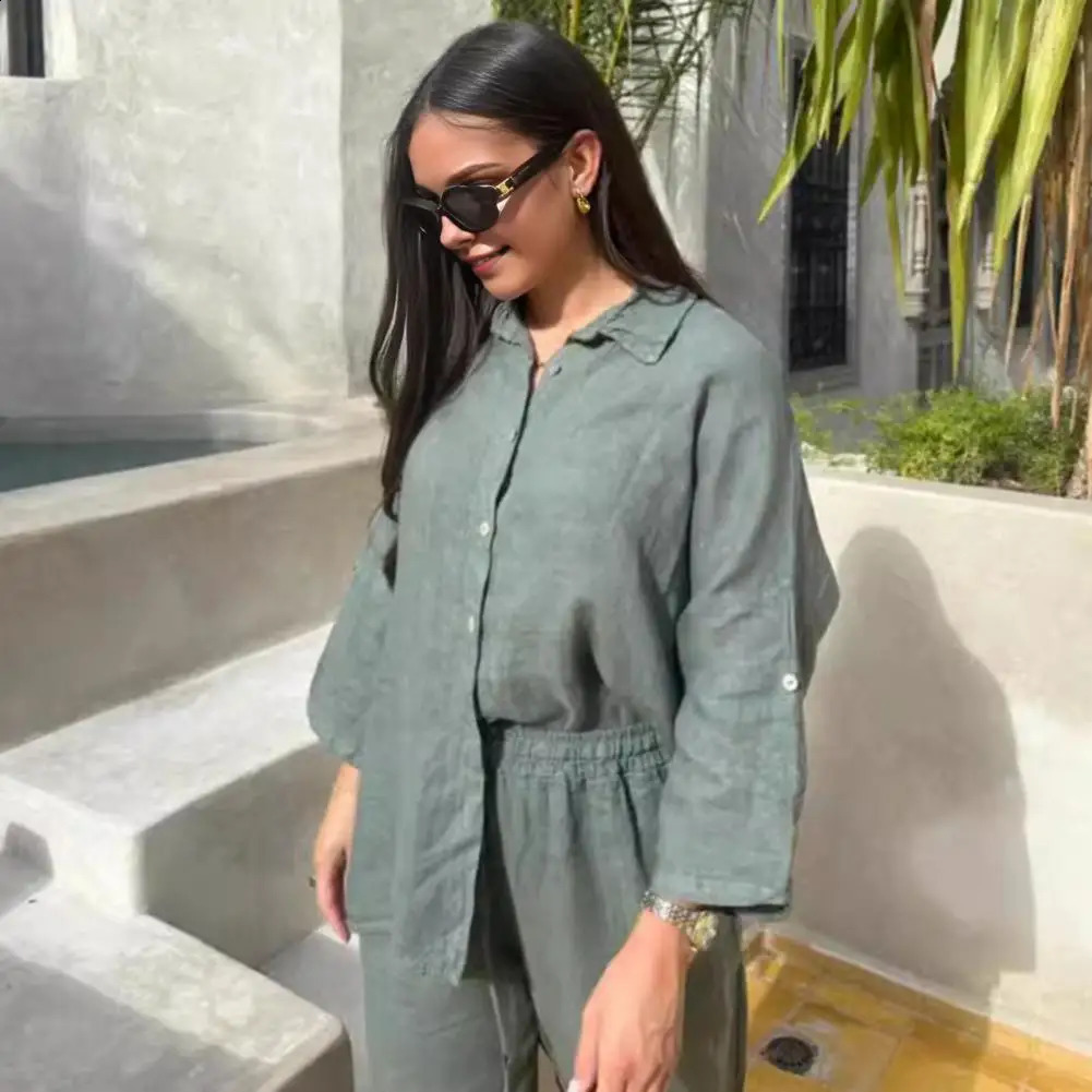 Soft cotton linen shirt and pants set solid color long sleeved lapel twopiece loose womens sportswear 240809