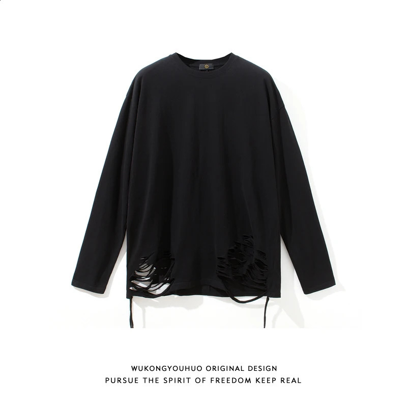Fall Knife Cut Ripped Hole Long Sleeve Men Round Neck T Shirts Personality Hip Hop Punk Fashion Casual 2xl Oversized Streetwear 240812