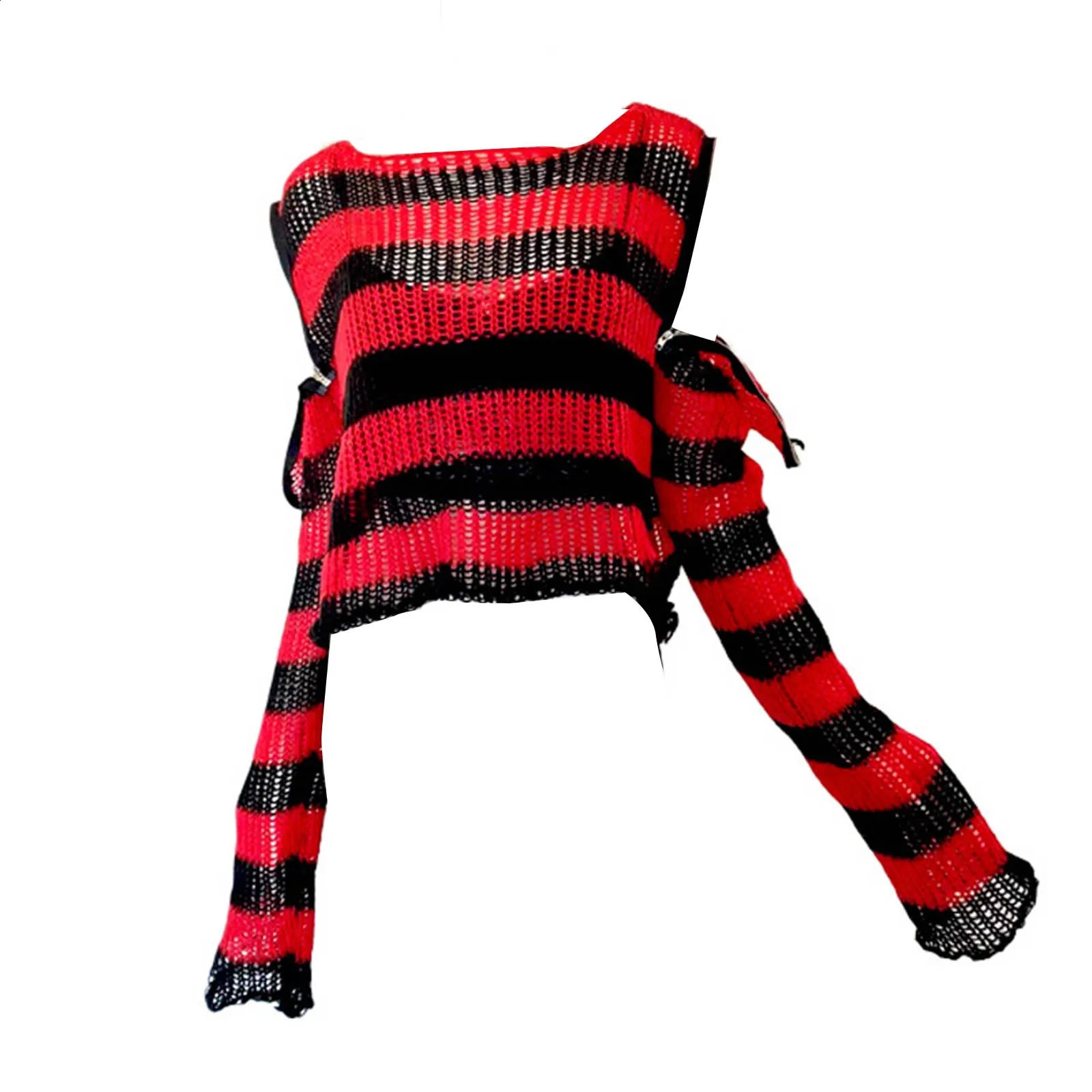 Women Gothic Tops Hollow Out Off Shoulder See-Through Sexy Sweater Punk Zipper Up Halloween Clothes Cool Girls O-Neck Pullover 240812