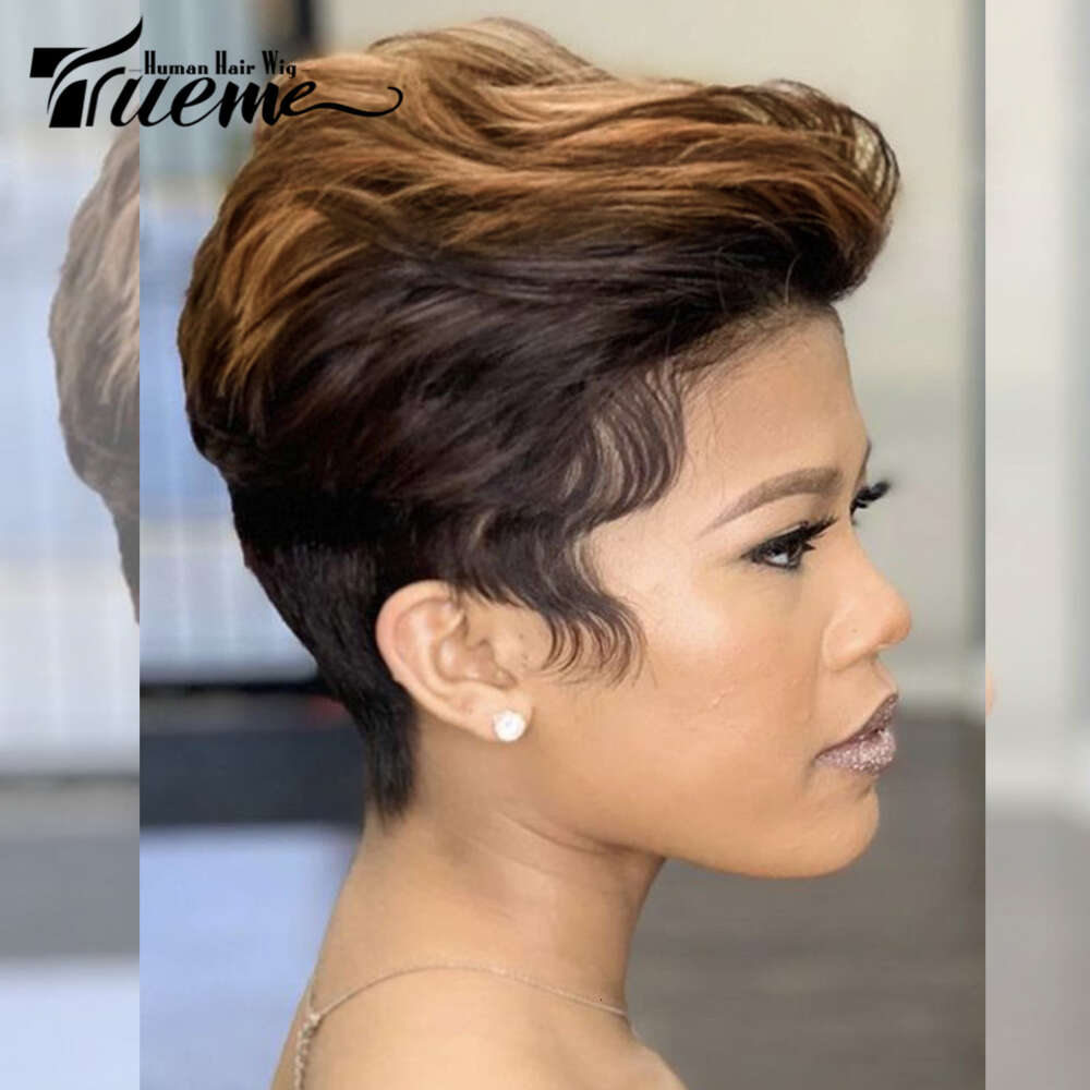 Short Highlight Pixie Brazilian Front Wigs For Women Ombre Blonde Slick Back Human Hair Lace Wig