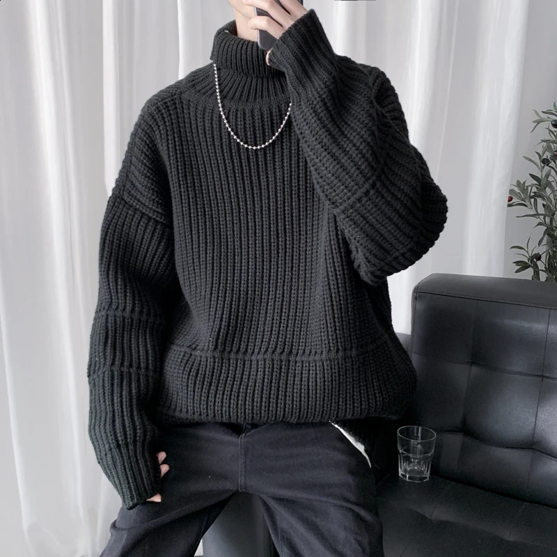 Autumn and winter mens casual turtle neck zipper long sleeved ribbed sweater Korean fashion warm knit 240812