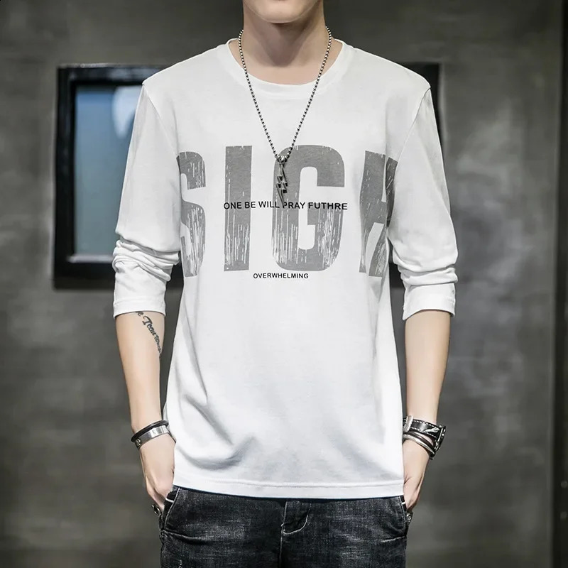 Autumn Mens Long Sleeve T-shirt Style Loose Fit Trendy Sweatshirt Hong Kong Style Casual Clothing For Men 240812