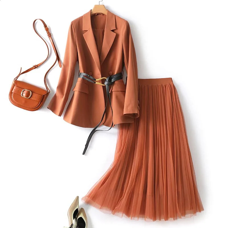 ZJYT Office Womens Jacket Set Skirts Two Piece Elegant Spring Fashion Conjunos De Vestitos Orange 240812