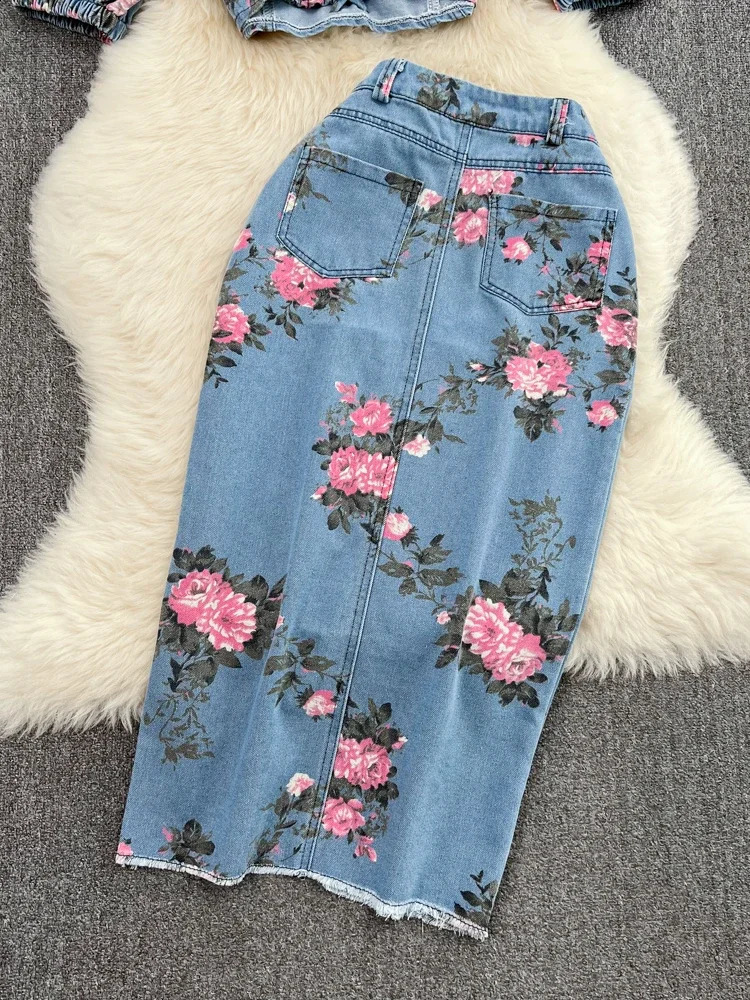 Women 2 Piece Set Denim Fashion Female Chic Sexy Sling Top High Waist Irregular Split Skirt Summer Lady Suit A51 240812