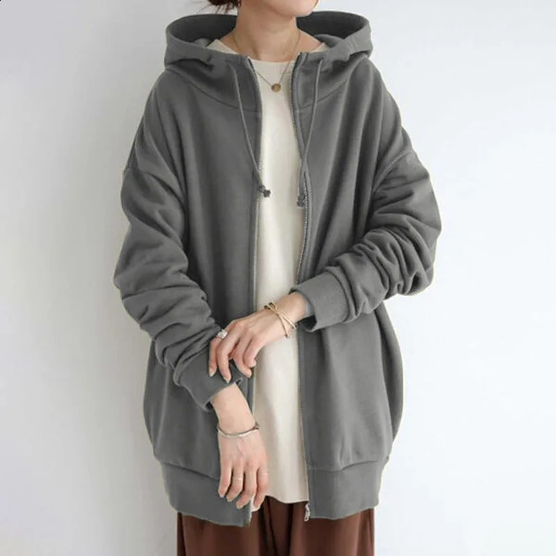 Fashion Zipper Long Sweatshirt Women Autumn Winter Loose Hooded Jackets Harajuku Streetwear Casual Fleece Hoodies Female Jacket 240812