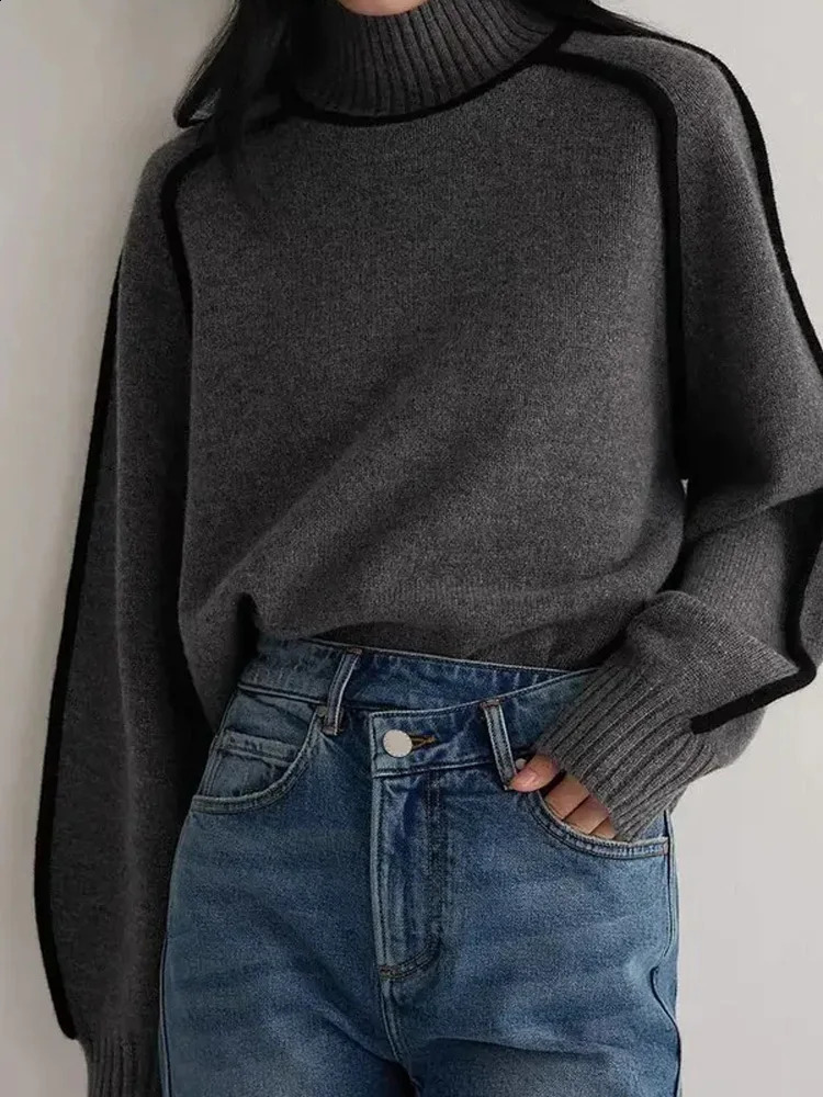 Womens spliced turtle neck knitted sweater with warm and casual thick long sleeves floral patterns autumn womens high street jumper 240812