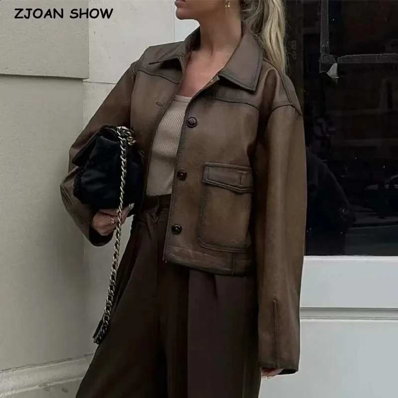 American Retro Women Vintage Gradient Brown PU Leather Jacket Full Sleeve Single-breasted Button Coat Loose Short Outerwear 240813
