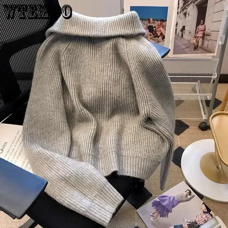 Dark Grey Knit Cardigan Double End Zipper Short Top Turndown Collar Coat Women Slim Warm Korean Fashion American Spring Fall 240820
