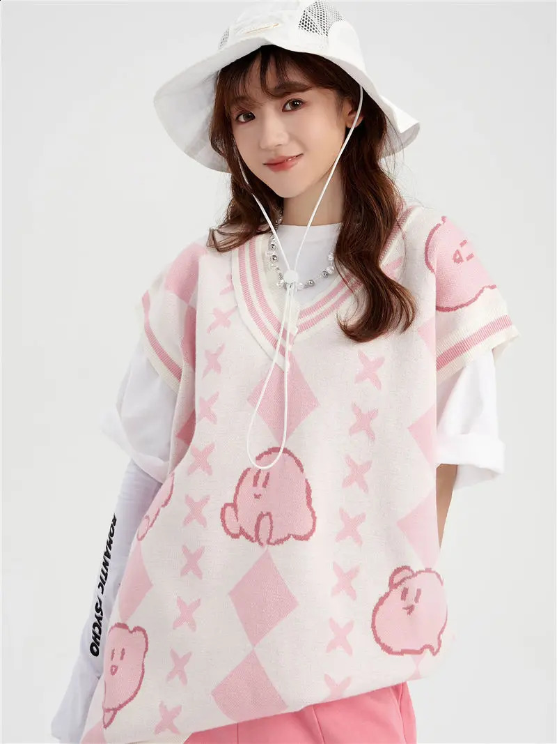 Korean Sweet Jacquard Sweater Vest Loose All-match Casual Y2k Top Knitted Vests Autumn Harajuku Gothic Waistcoat Women 240812