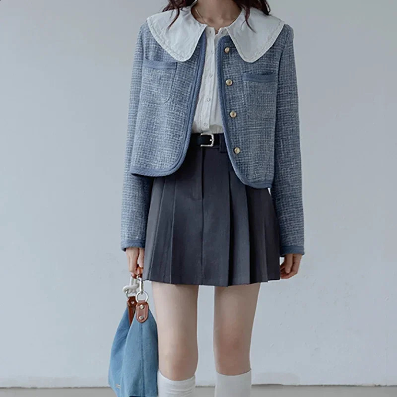 HELIAR Women Elegant Tweed Blue Jacket Long Sleeve Single Breasted Cardigan Coat Female Loose Chic Outerwear Autumn Winter 240812
