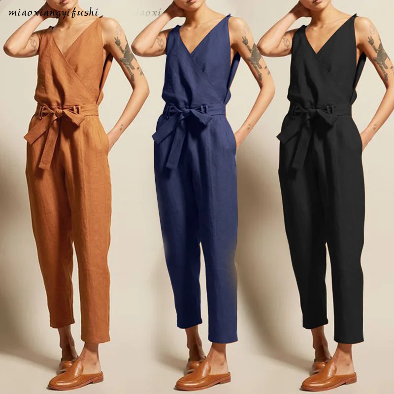Solid Color Jumpsuit Women 2024 Casual Sleeveless Female Body Suit Summer V Neck Loose Tie High Waist Pencil Pants Sets 240813