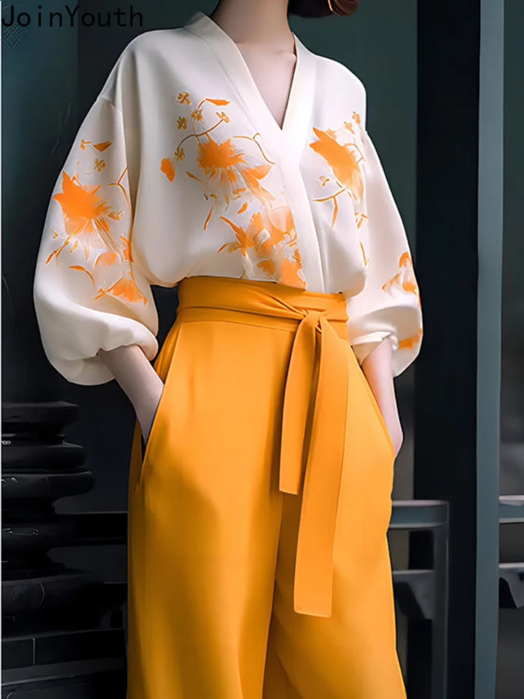 2024 Women Clothing Two Piece Sets V-neck Print Long Sleeve Shirt Bandage High Waist Wide Leg Pants Outfits Chic Vintage Suit 240813