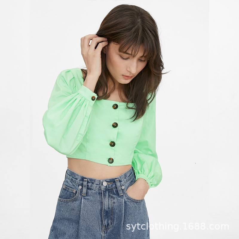 Women's Lantern Women Blouse Square Collar Top Long Sleeve Short Style