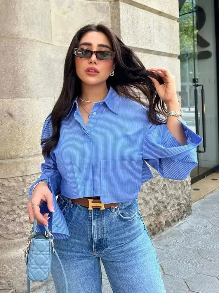 TRAF Womens Cropped Shirt Fashion Woman Blouse White Blue Striped Shirts and Blouses Autumn Long sleeve Short Top 240813