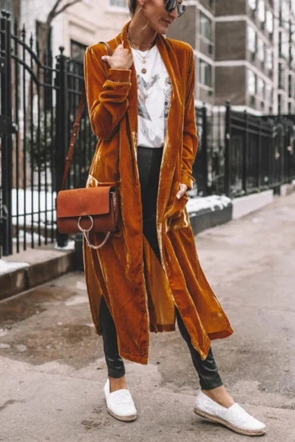 Winter Fashion Velvet Long Coats Womens Oversized Golden Maxi Jackets Open Stitch Velour Long Trench Mujer Stretch Coats 240813