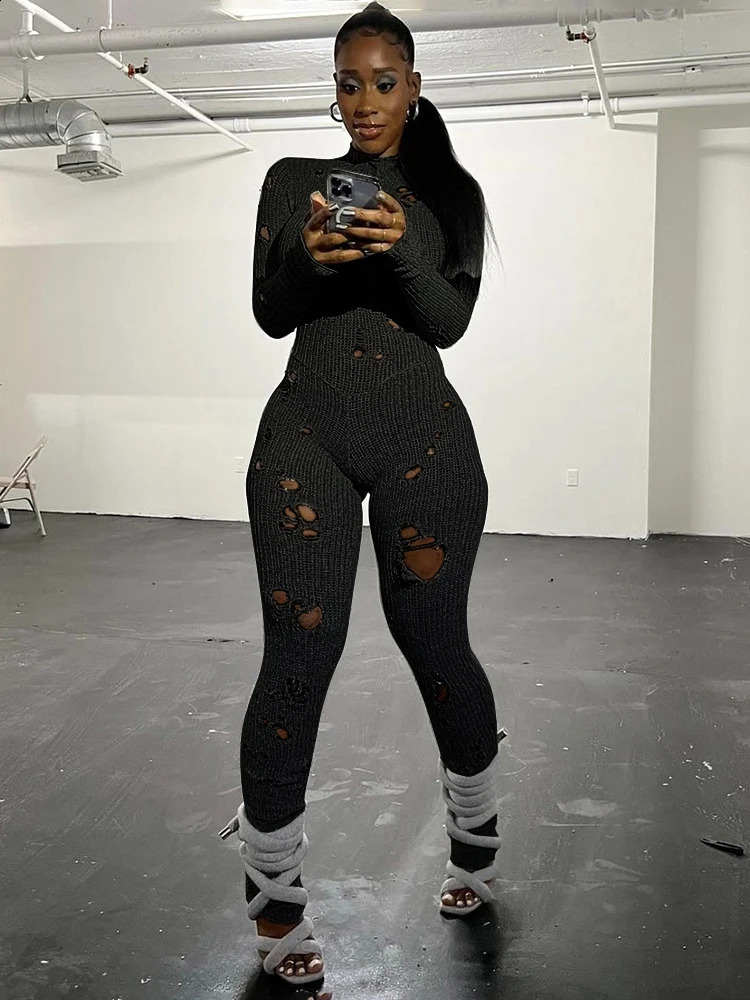 Weird Puss Knit Rip Jumpsuit Women Fitness Hollow Elastic Sexy Hipster Fall Long Sleeve Activity Street Workout Tight Overalls 240813