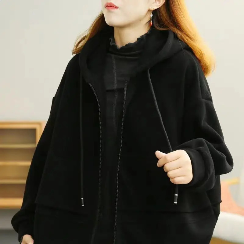 Hooded Solid Color Loose Jacket Womens Thick Velvet Jacket Autumn And Winter Zipper Oversized Cardigan Sweatshirt 240812