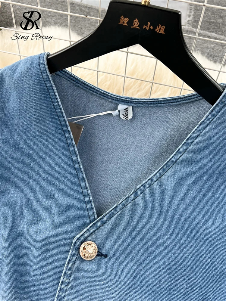 SINGREINY Vintage Denim Sets V-Neck Sleeveless Gradient Short TopsZipper Split Fishtail Skirt 2024 Fashion High Quality Suits 240812