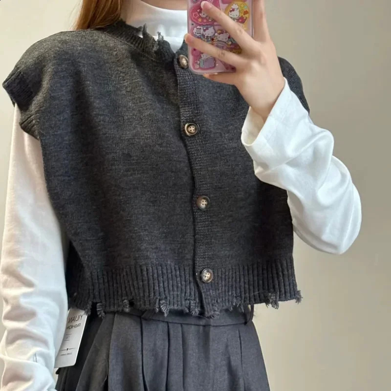 Irregular Vests Women Spring Cropped Knitted Sweaters Button-up Preppy Style All-match Temper Fashion Korean Loose Aesthetic 240812