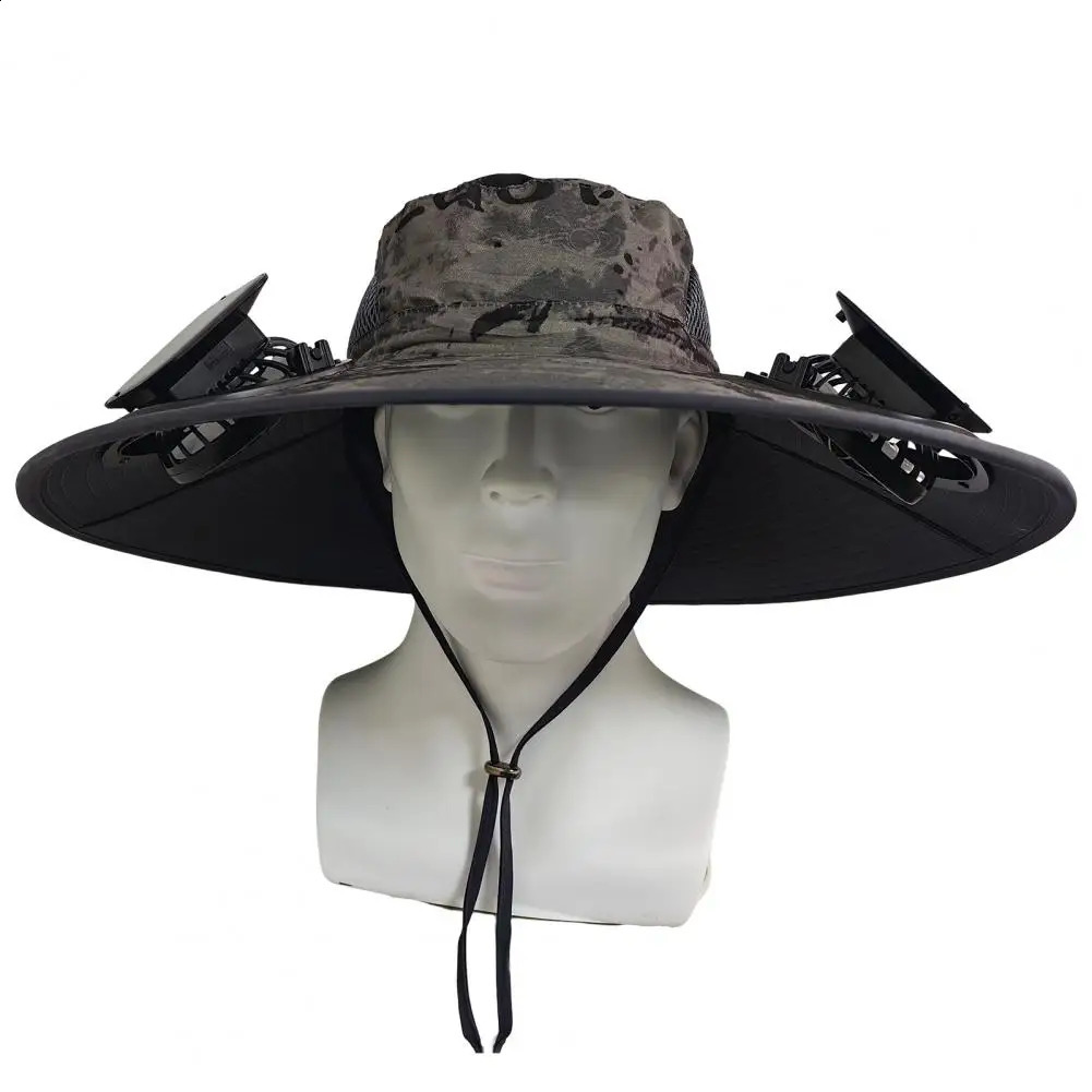 Mens Fishermans Hat with Solar Fan Front Cover Large Diameter Hollow Mesh UV Protection Outdoor Fishing Travel 240812